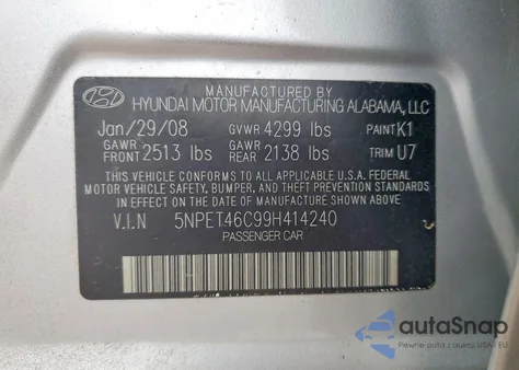 2009 Hyundai Sonata Gls from USA, damaged, VIN 5NPET46C99H414240